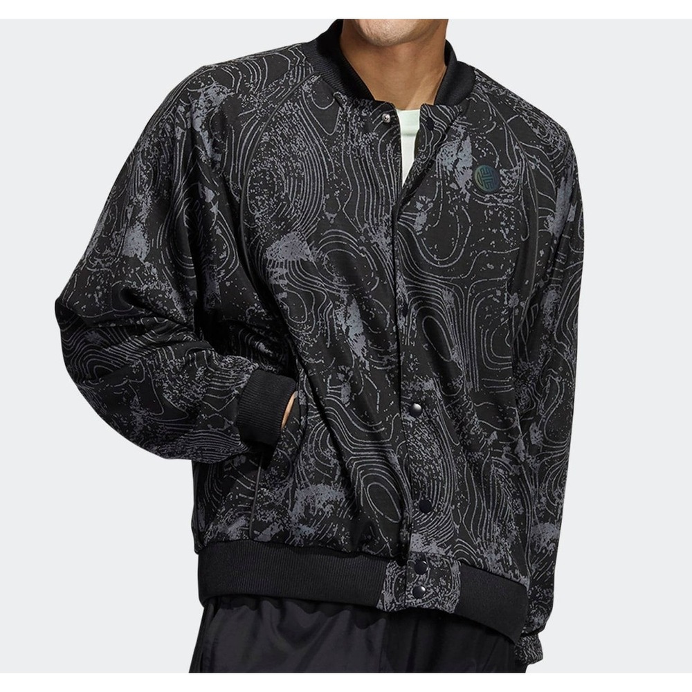 Adidas James Harden Bomber Jacket Mens Large Black Grey Topographic Snap Fleece